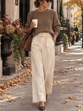 MINKPINK Kalani Cream Linen Blend Belted Wide Leg Pants XL NWT